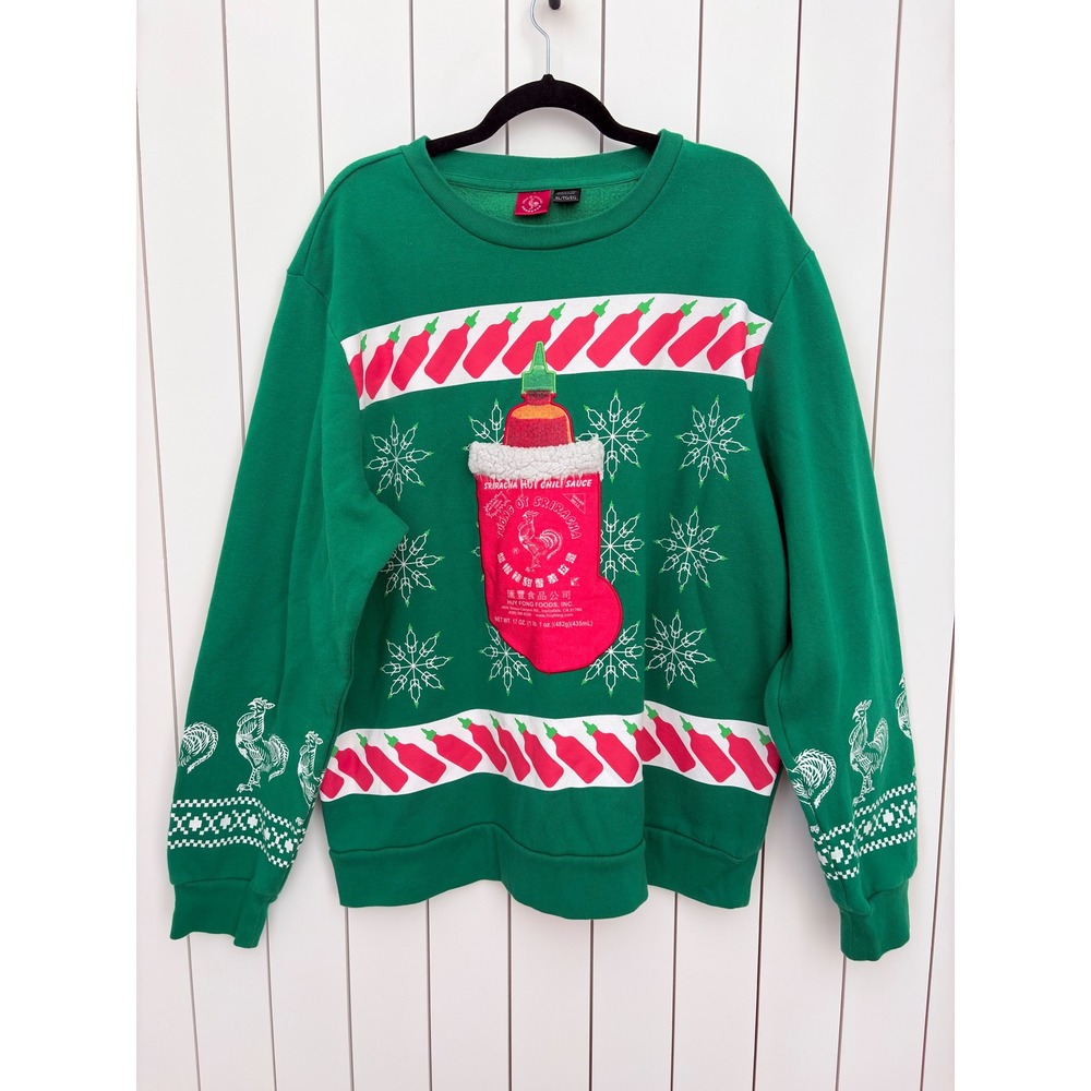 Ugly Christmas Kitsch Festive Knit Sweatshirt Sriracha Stocking Pocket Men XL